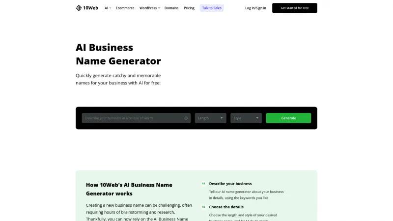 Homepage of 10Web AI Business Name Generator