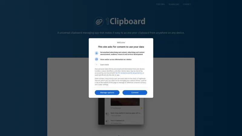 Homepage of 1Clipboard