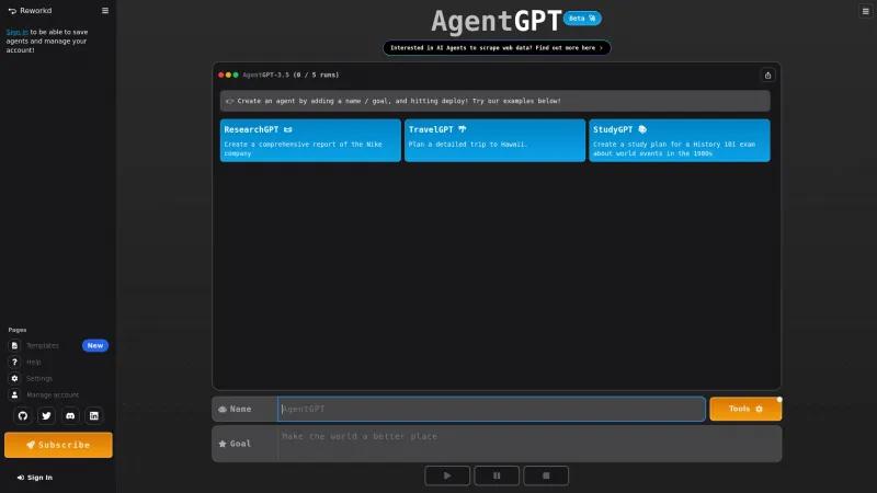 Homepage of AgentGPT