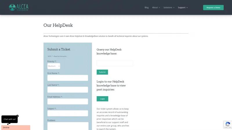 Homepage of Alcea HelpDesk