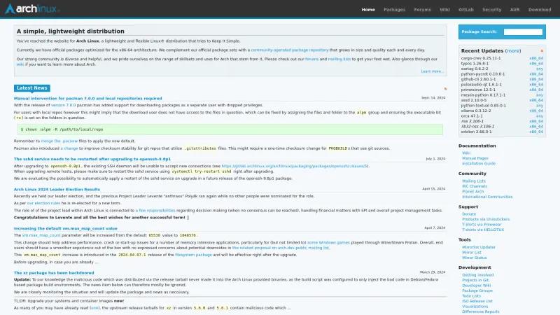 Homepage of Arch Linux