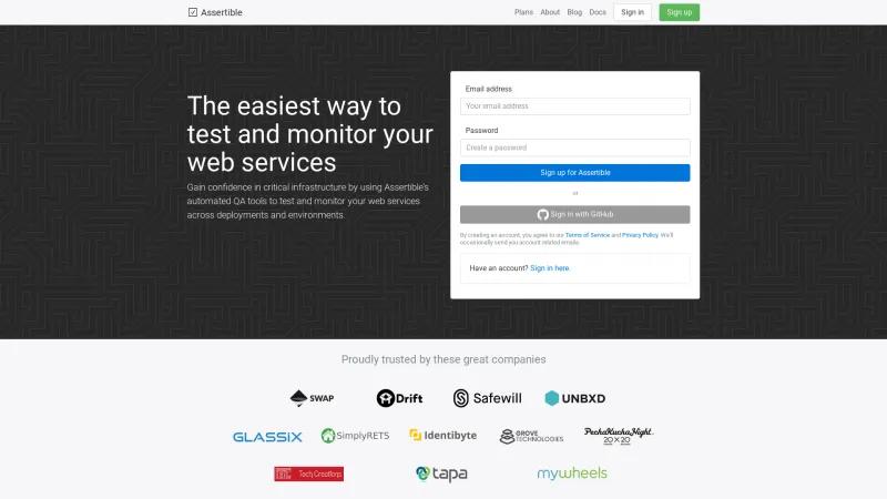 Homepage of Assertible