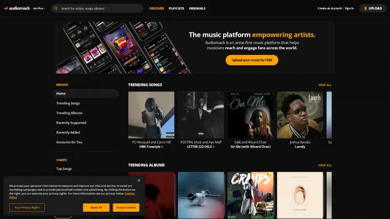 Homepage of Audiomack