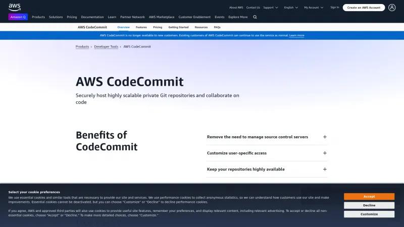 Homepage of AWS CodeCommit