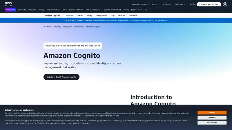 Homepage of Amazon Cognito