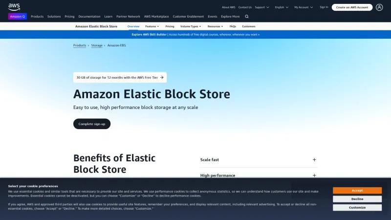 Homepage of Amazon Elastic Block Store (EBS)