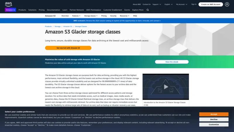 Homepage of Amazon S3 Glacier