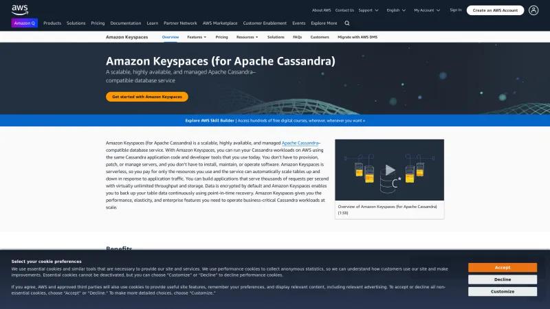 Homepage of Amazon Keyspaces