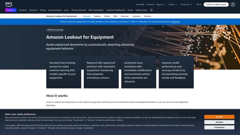 Homepage of Amazon Lookout for Equipment