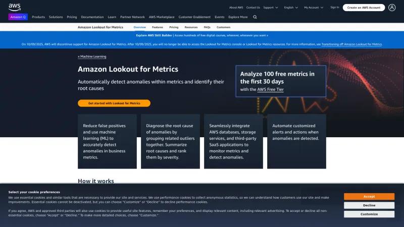 Homepage of Amazon Lookout for Metrics