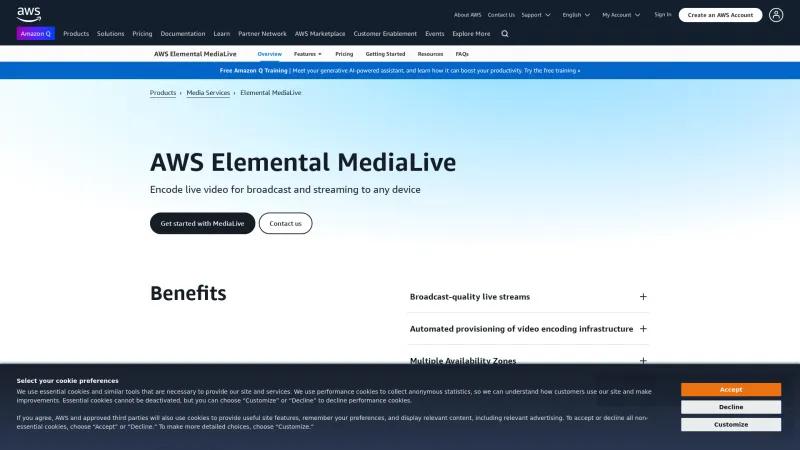 Homepage of AWS Elemental MediaLive