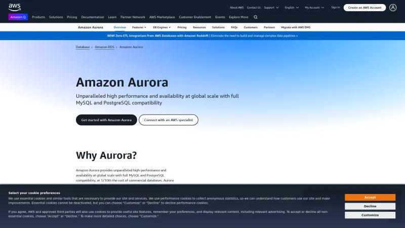 Homepage of Amazon Aurora