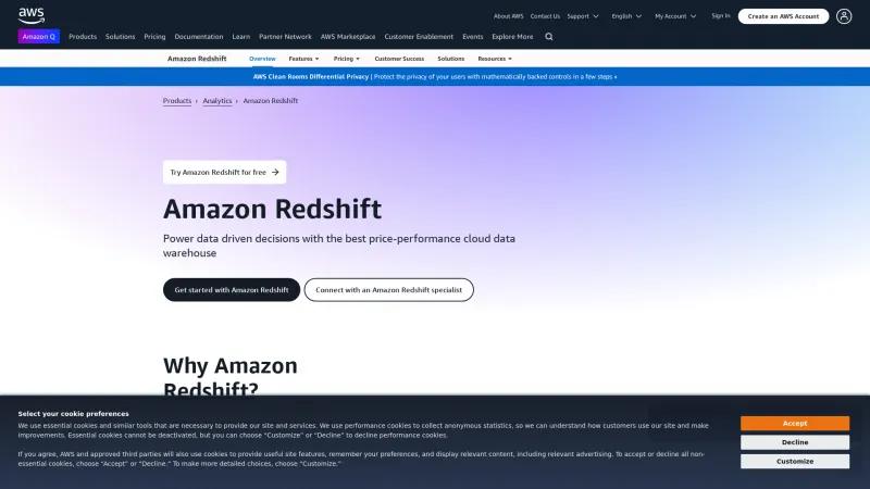 Homepage of Amazon Redshift