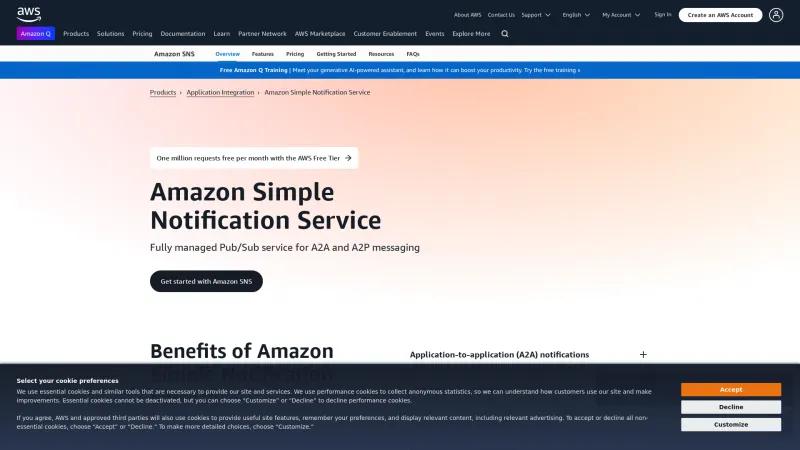 Homepage of Amazon Simple Notification Service (SNS)