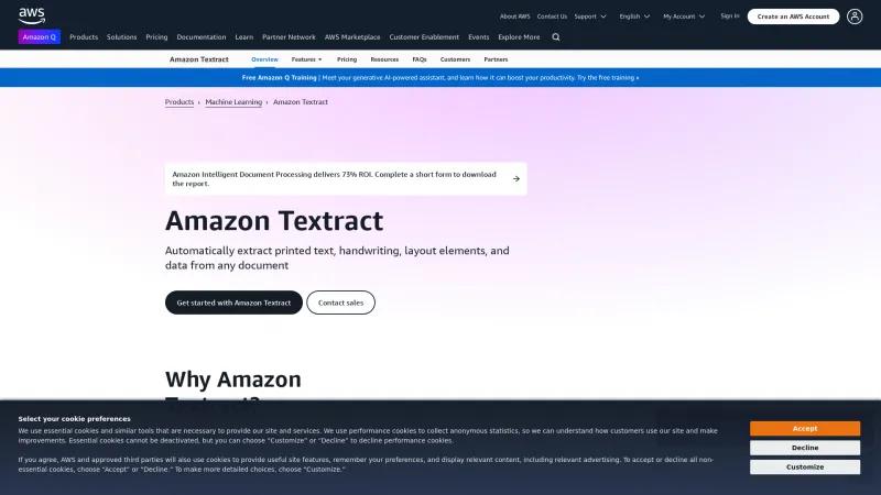 Homepage of Amazon Textract