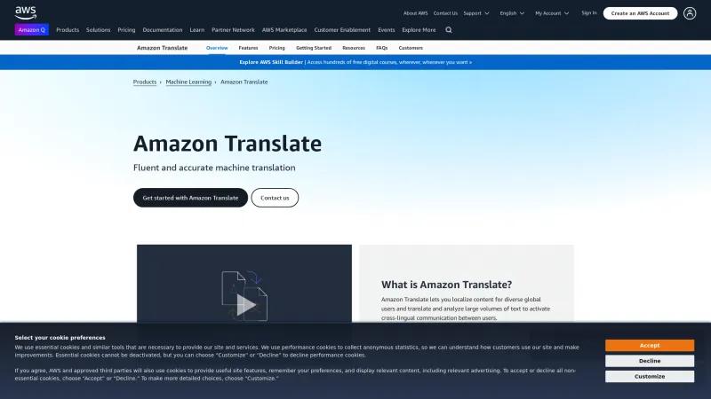 Homepage of Amazon Translate