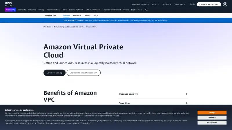 Homepage of Amazon Virtual Private Cloud