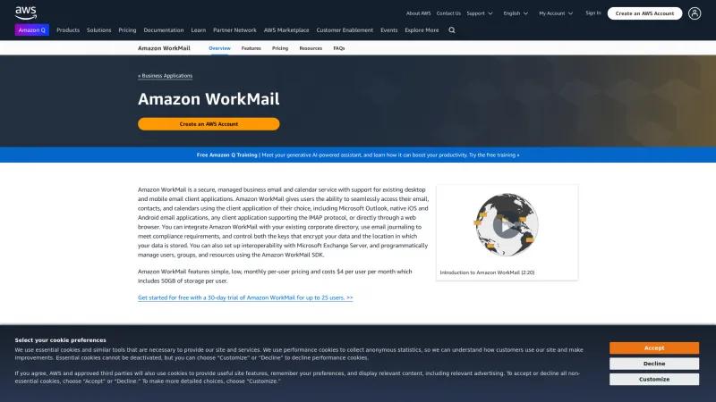 Homepage of Amazon WorkMail