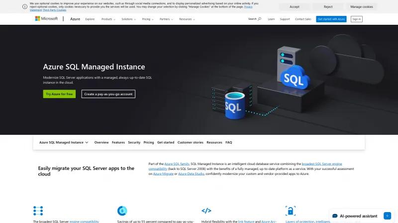 Homepage of Azure SQL Managed Instance