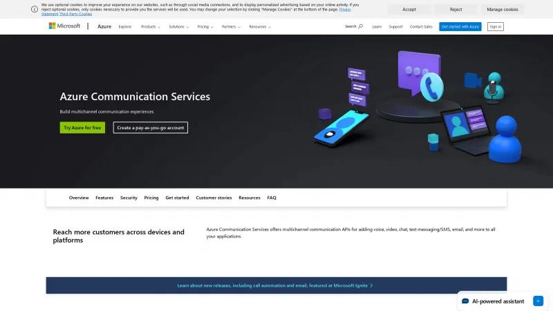 Homepage of Azure Communication Services