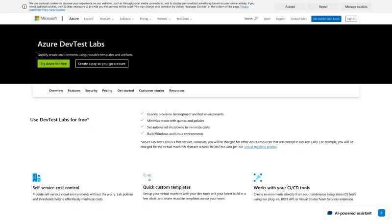 Homepage of Azure DevTest Labs