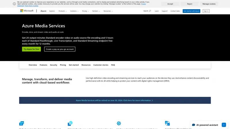 Homepage of Azure Media Services