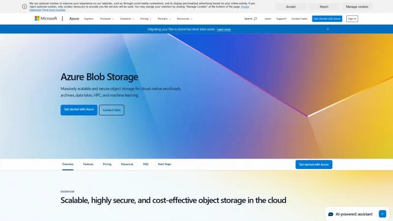 Homepage of Azure Blob Storage