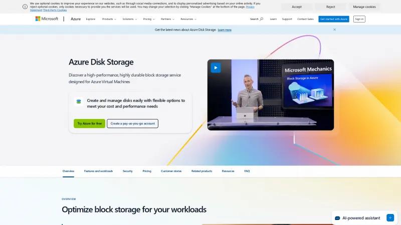 Homepage of Azure Disk Storage