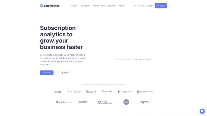 Homepage of Baremetrics