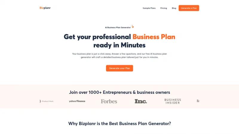 Homepage of Bizplanr