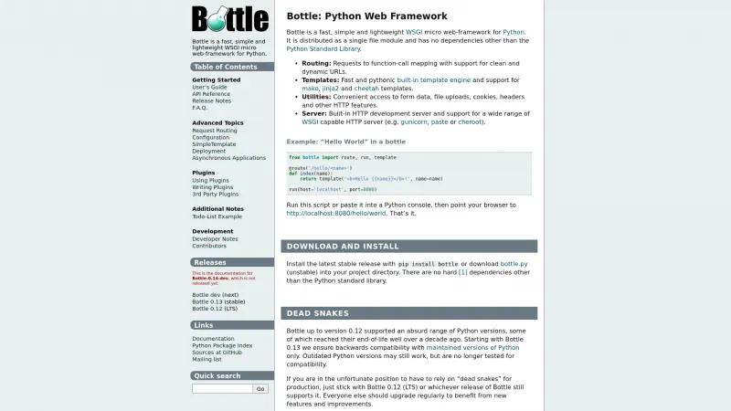 Homepage of Bottle