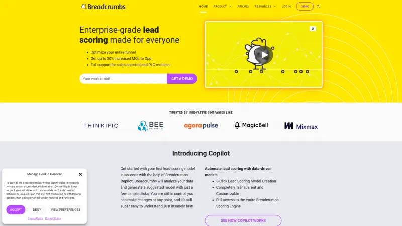 Homepage of Breadcrumbs.io