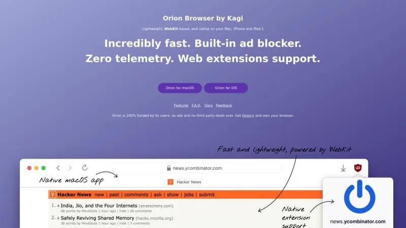 Homepage of Orion Browser