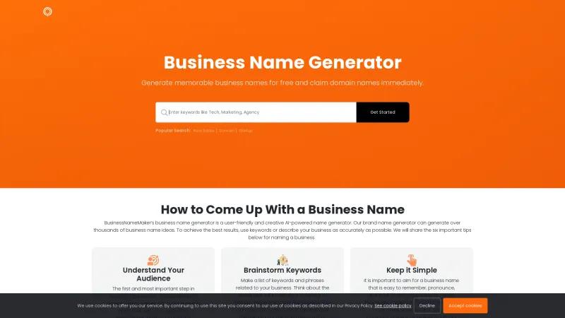 Homepage of BusinessNameMaker