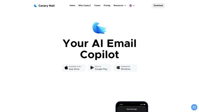 Homepage of Canary Mail