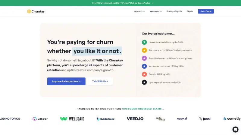 Homepage of Churnkey