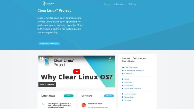 Homepage of Clear Linux OS