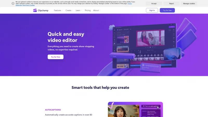 Homepage of Clipchamp