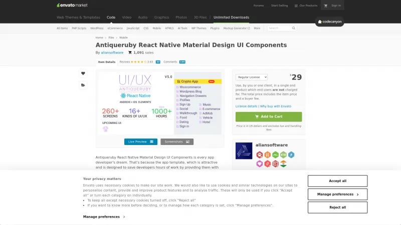 Homepage of Antiqueruby React Native Material Design UI