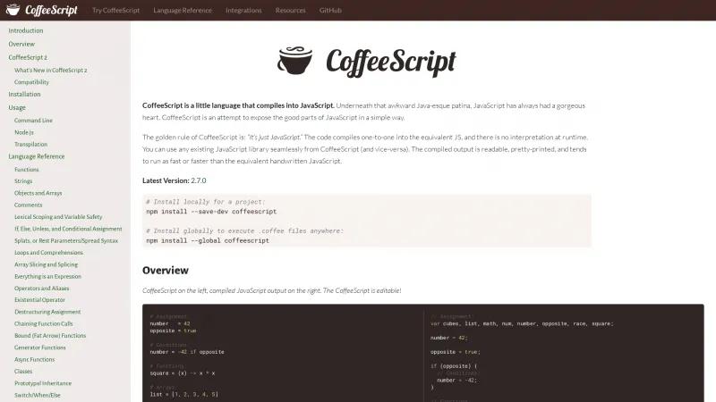 Homepage of CoffeeScript