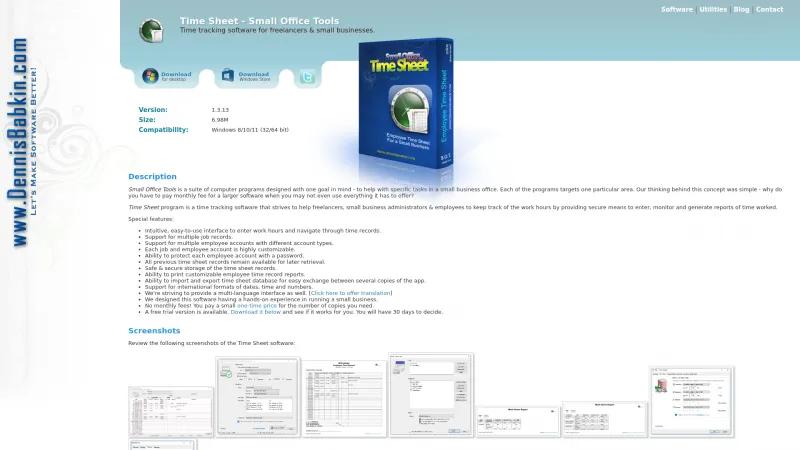 Homepage of Small Office Tools - Time Sheet