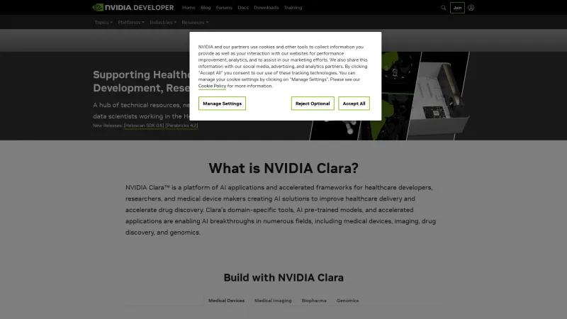 Homepage of NVIDIA Clara