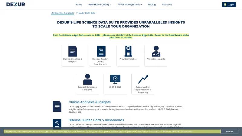 Homepage of Dexur Life Sciences Data Suite