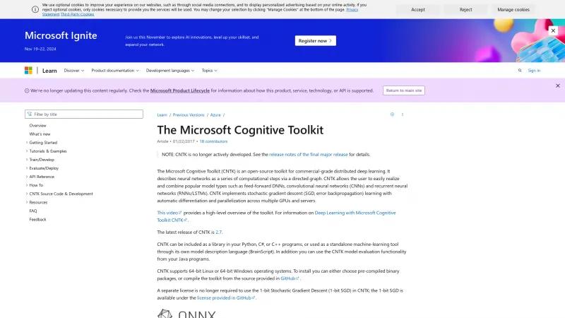 Homepage of Microsoft Cognitive Toolkit