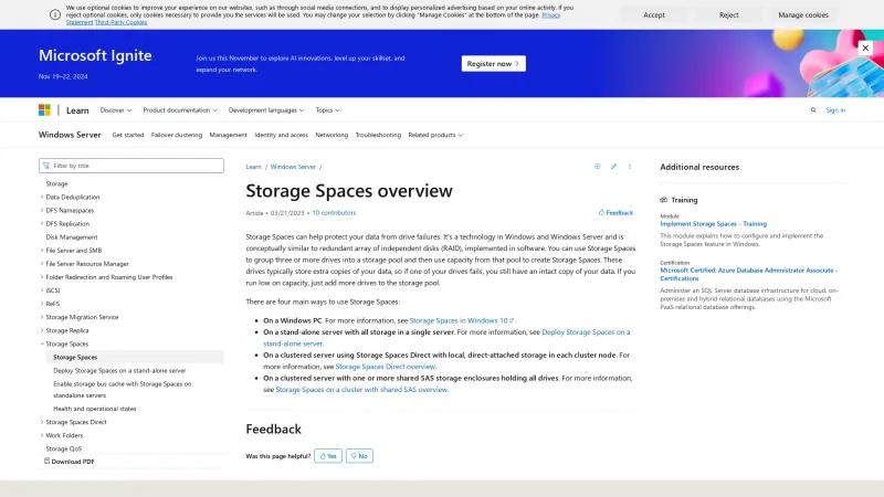 Homepage of Microsoft Storage Spaces