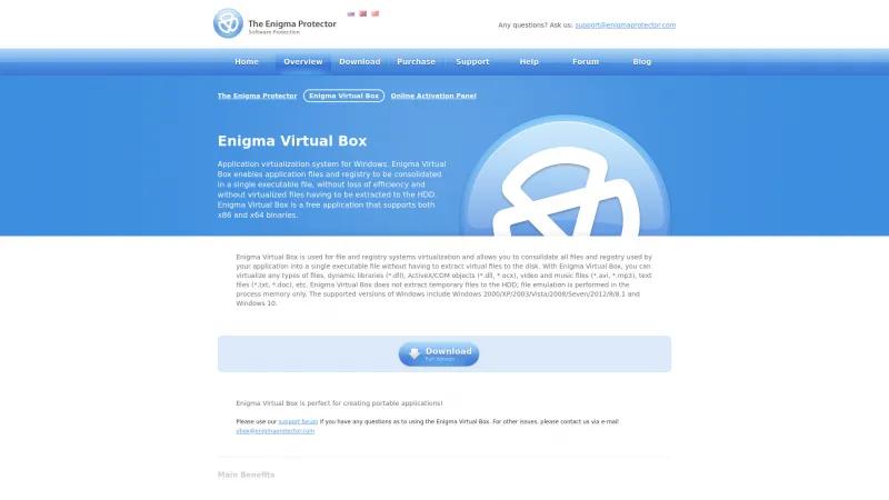 Homepage of Enigma Virtual Box