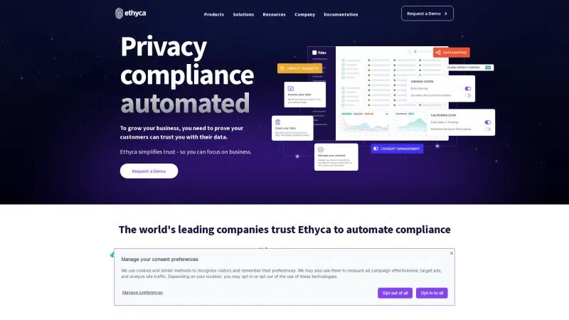 Homepage of Ethyca