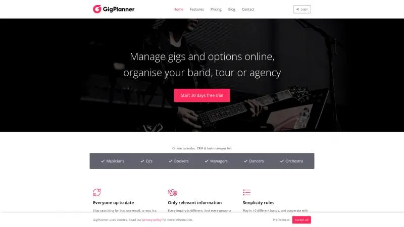 Homepage of GigPlanner