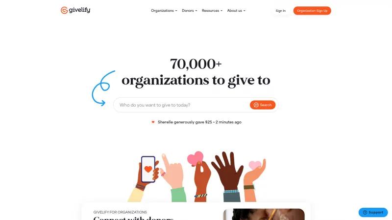 Homepage of Givelify