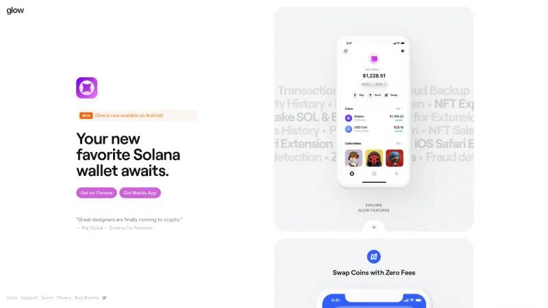 Homepage of Glow Wallet